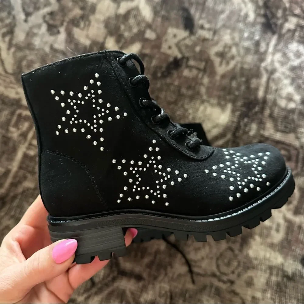 Kids Black Star Studded Combat Boots Size 11